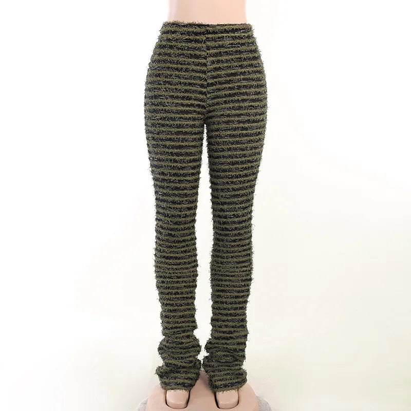 VogueWay Women's Casual Knit Rib Furry Striped Pants