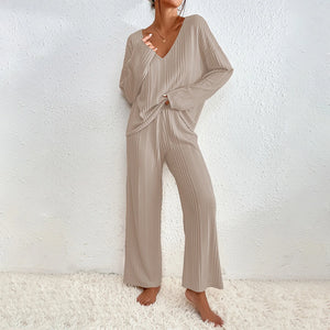 VogueWay Women's V-Neck Rib Knit Pajama Set